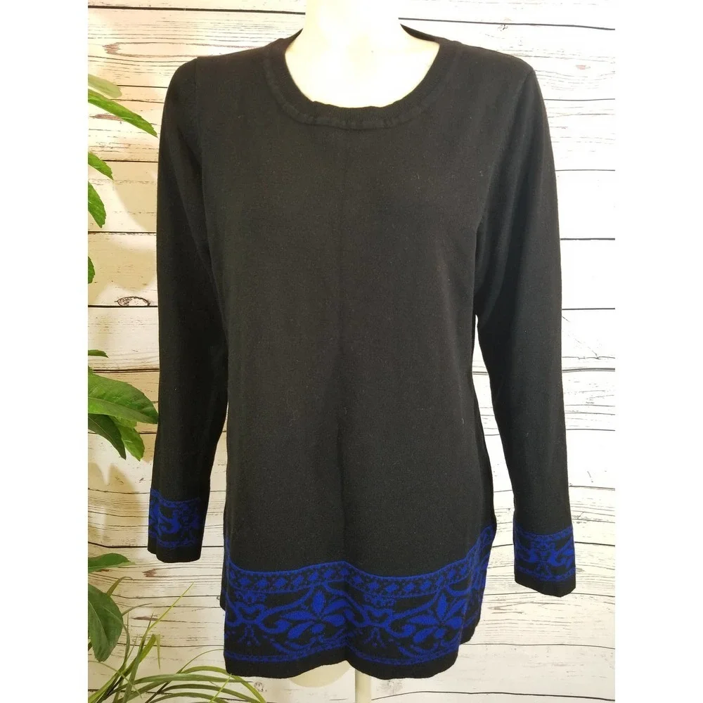 Studio Works Tunic Sweater L Black Blue Damask Scarf Set Long Sleeve - Picture 6 of 11